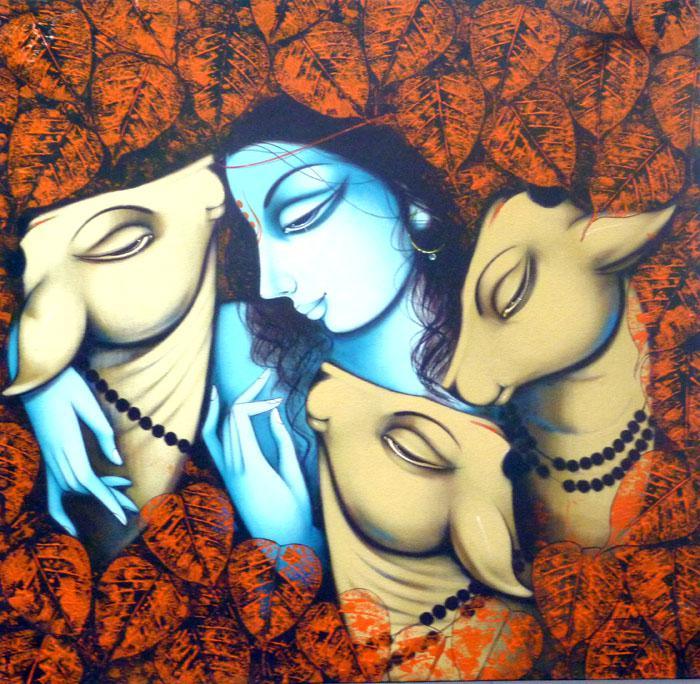 Figurative acrylic painting titled 'Krishna And Cows', 30x30 inches, by artist Manoj Aher on Canvas