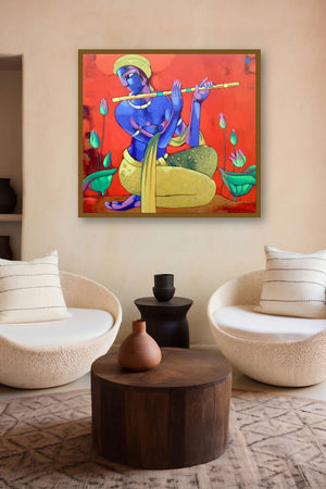 Krishna (Enchanting Flute) by artist Sekhar Roy displayed in a Museum Style gallery