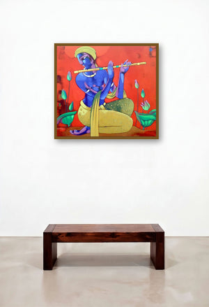 Krishna (Enchanting Flute) by artist Sekhar Roy displayed in a Contemporary Luxury Bedroom