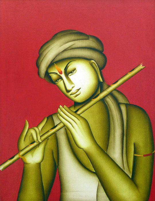 Figurative acrylic painting titled 'Krishna', 24x18 inches, by artist Monica on Canvas