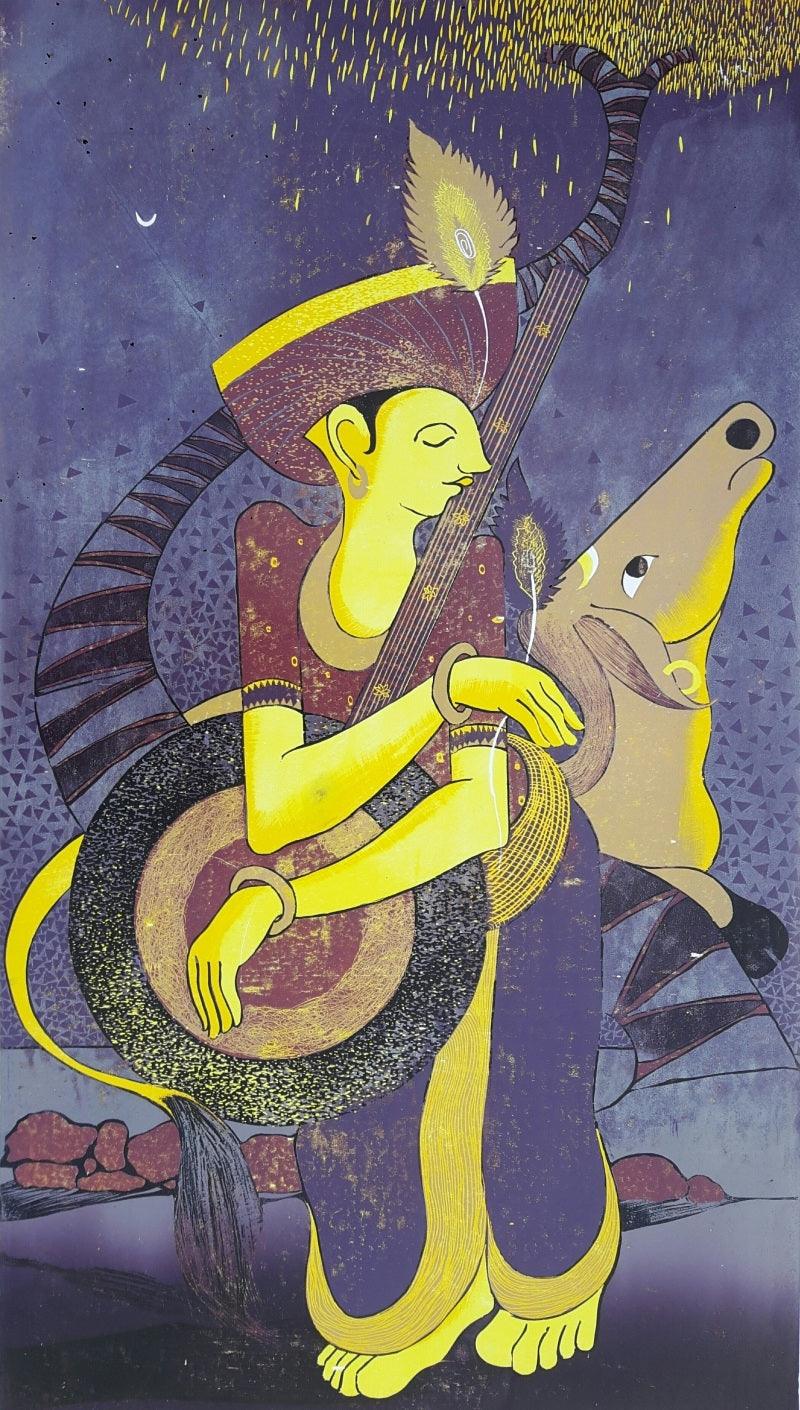 Religious printmaking titled 'Krishna', 30x20 inches, by artist Madhav Joshi on Paper