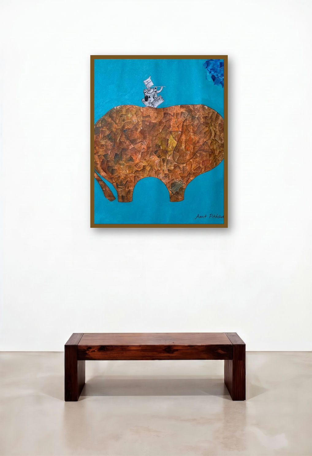 Krishna (Abstract Fusion) (Elephant Flute Serenade) by artist Amit Pithadia displayed in a Mid-Century Modern Foyer
