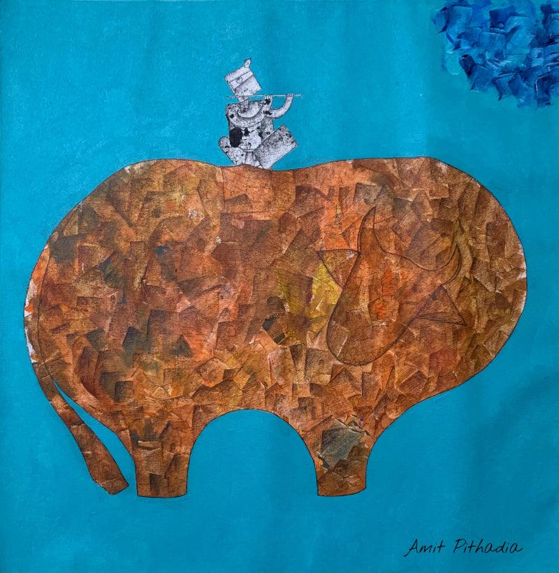 Religious acrylic painting titled 'Krishna', 29x29 inches, by artist Amit Pithadia on Canvas