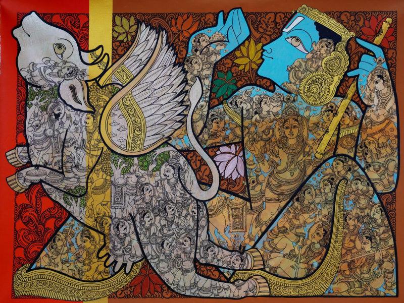 Religious acrylic painting titled 'Krishna', 36x48 inches, by artist Ramesh Gorjala on Canvas