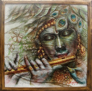 Religious oil painting titled 'Krishna', 25x25 inches, by artist Darshan Sharma on Canvas