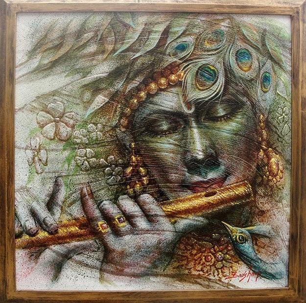 Religious oil painting titled 'Krishna', 25x25 inches, by artist Darshan Sharma on Canvas