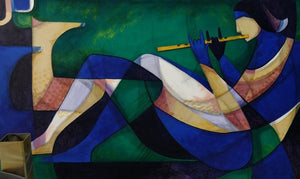 Religious mixed media painting titled 'Krishna', 36x60 inches, by artist Satyendra Rane on Canvas