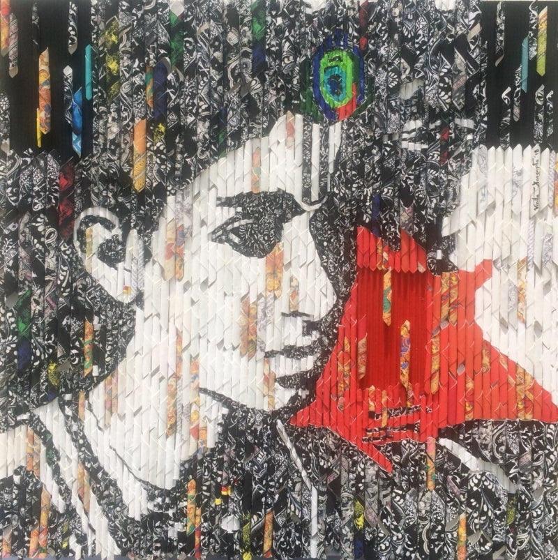 Religious mixed media titled 'Krishna', 21x21 inches, by artist Vinita Dasgupta on Board