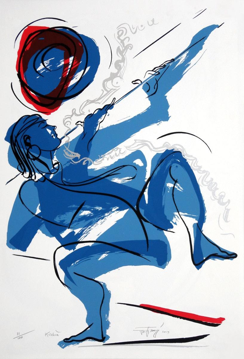 Religious serigraphs painting titled 'Krishna', 30x20 inches, by artist Jatin Das on Paper