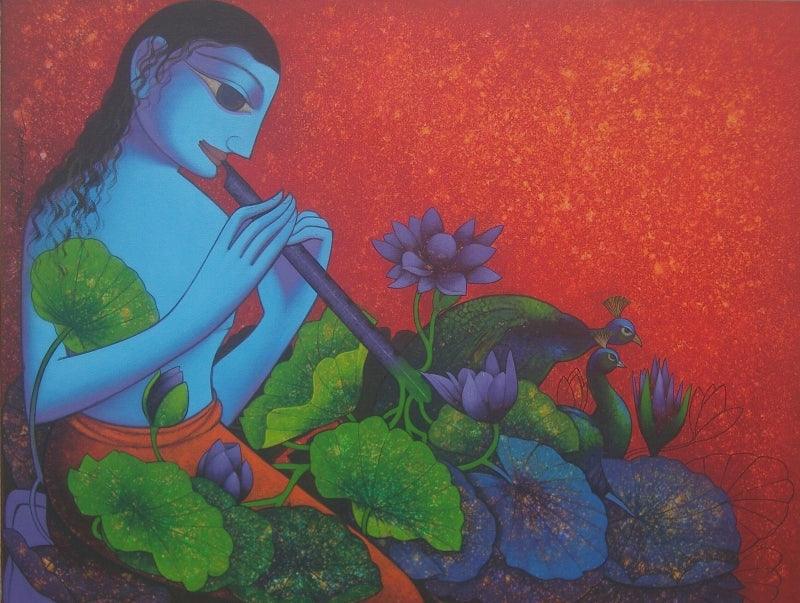 Religious acrylic painting titled 'Krishna', 31x41 inches, by artist Prakash Deshmukh on Canvas