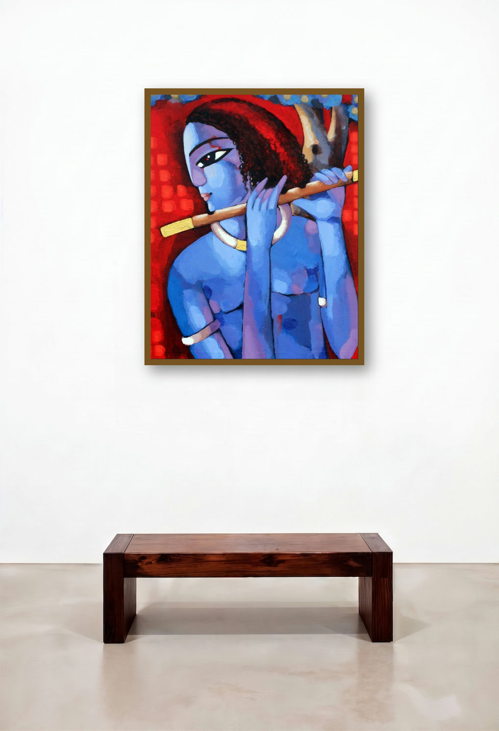 Krishna I (Celestial Melody) by artist Sekhar Roy displayed in a Classic Library