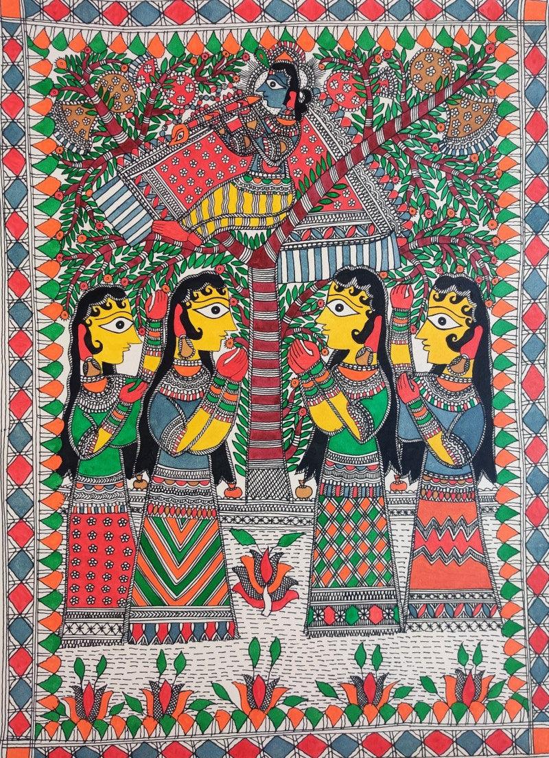 Religious madhubani traditional art titled 'Krishna Leela', 30x22 inches, by artist Mithilesh Jha on Paper