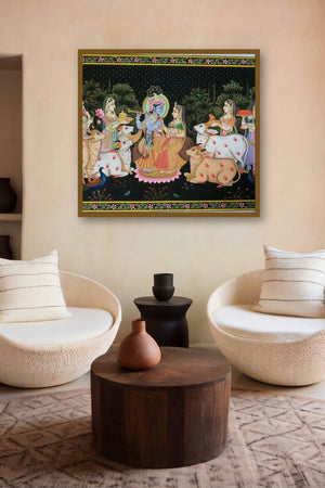 Krishna Leela (Honoring the Divine Protector of Cows) by artist Rajendra Khanna displayed in a Luxury gallery