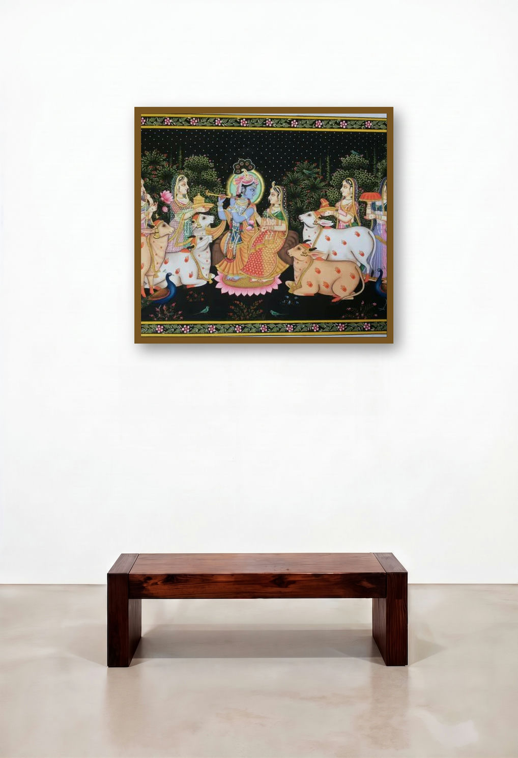 Krishna Leela (Honoring the Divine Protector of Cows) by artist Rajendra Khanna displayed in a Contemporary Hotel Suite