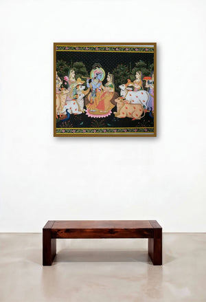 Krishna Leela (Honoring the Divine Protector of Cows) by artist Rajendra Khanna displayed in a Contemporary Hotel Suite