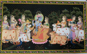 Krishna Leela (Honoring the Divine Protector of Cows) by Rajendra Khanna, Original Tribal Religious Painting on Cloth, Large Horizontal Wall Art