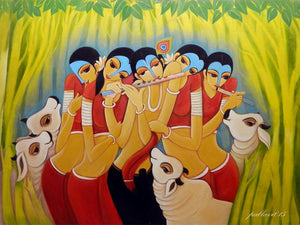 Krishna Lila (Enchanting Melodies) by Pallavi Walunj, Original Oil Figurative Painting on Canvas, X-Large Horizontal Wall Art