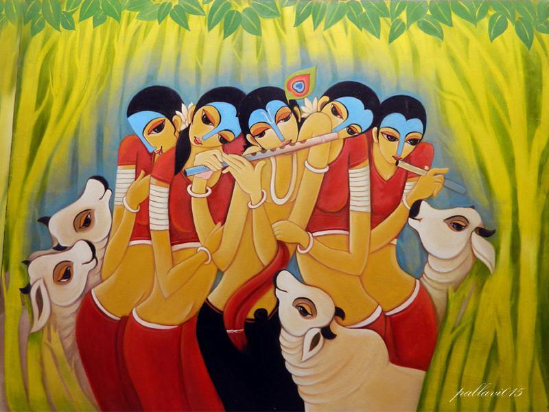 Figurative oil painting titled 'Krishna Lila', 48x60 inches, by artist Pallavi Walunj on Canvas