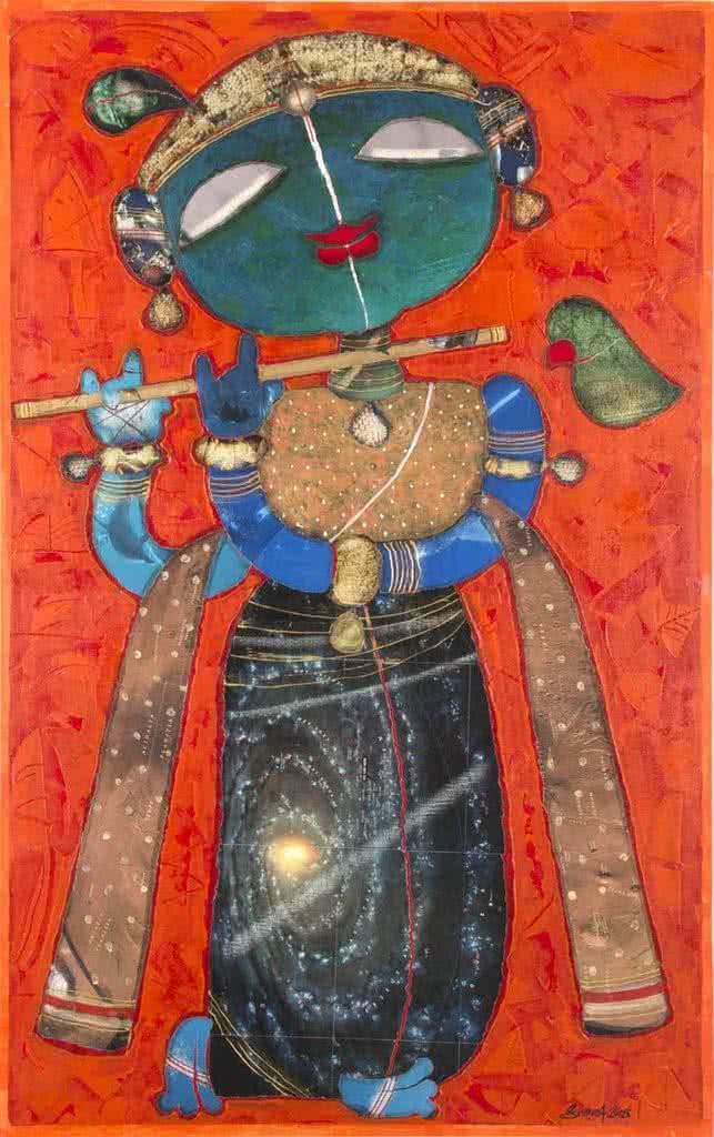 Religious mixed media painting titled 'Krishna Playing Flute 3', 40x38 inches, by artist G Subramanian on Canvas