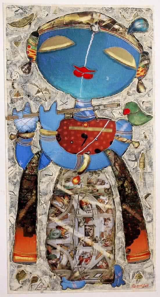 Religious mixed media painting titled 'Krishna Playing Flute 5', 28x15 inches, by artist G Subramanian on Canvas