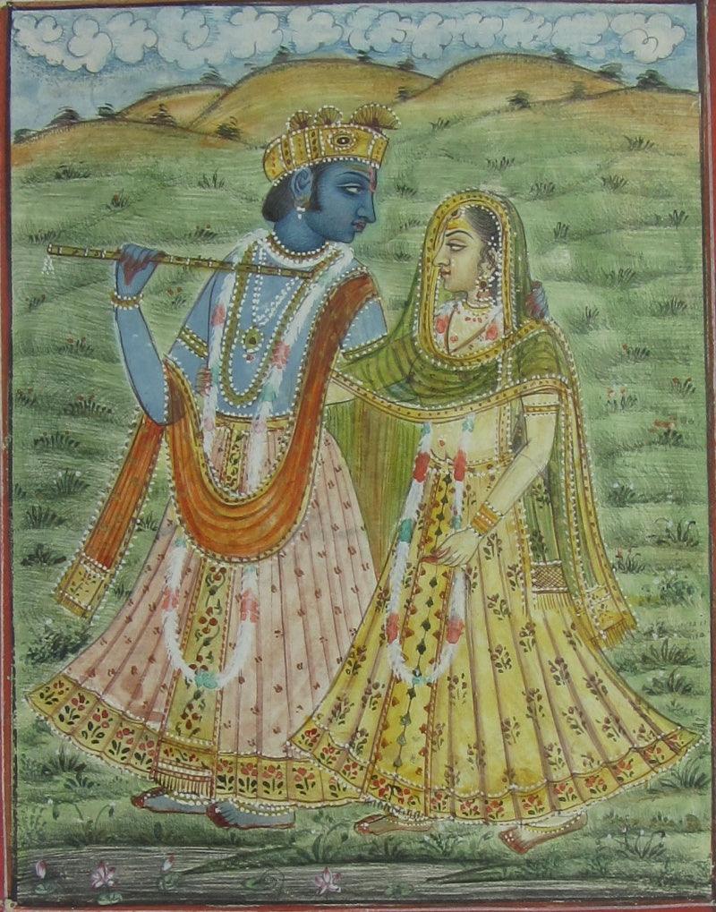 Religious miniature traditional art titled 'Krishna Playing Flute With Radha', 6x5 inches, by artist Unknown on Paper