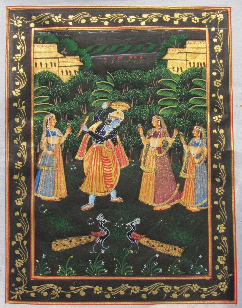 Religious miniature traditional art titled 'Krishna Raas Leela', 11x9 inches, by artist Unknown on Silk