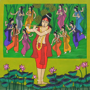 Krishna Raas Leela (Krishna's Divine Dance) by Chetan Katigar, Original Acrylic Religious Painting on Canvas, Small Square Wall Art
