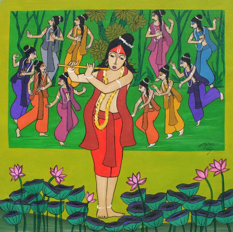 Religious acrylic painting titled 'Krishna Raas Leela', 23x23 inches, by artist Chetan Katigar on Canvas