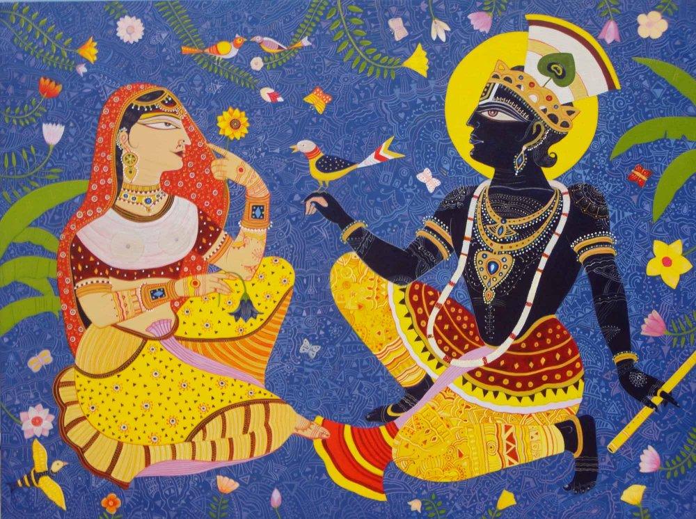 Religious acrylic painting titled 'Krishna Radha', 30x40 inches, by artist Bhaskar Lahiri on Canvas
