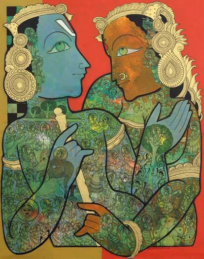 Religious mixed media painting titled 'Krishna Radha', 37x29 inches, by artist Ramesh Gorjala on Canvas
