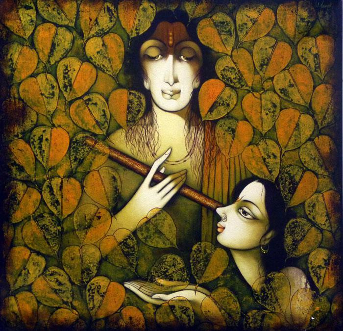 Figurative acrylic painting titled 'Krishna Radha', 30x30 inches, by artist Manoj Aher on Canvas