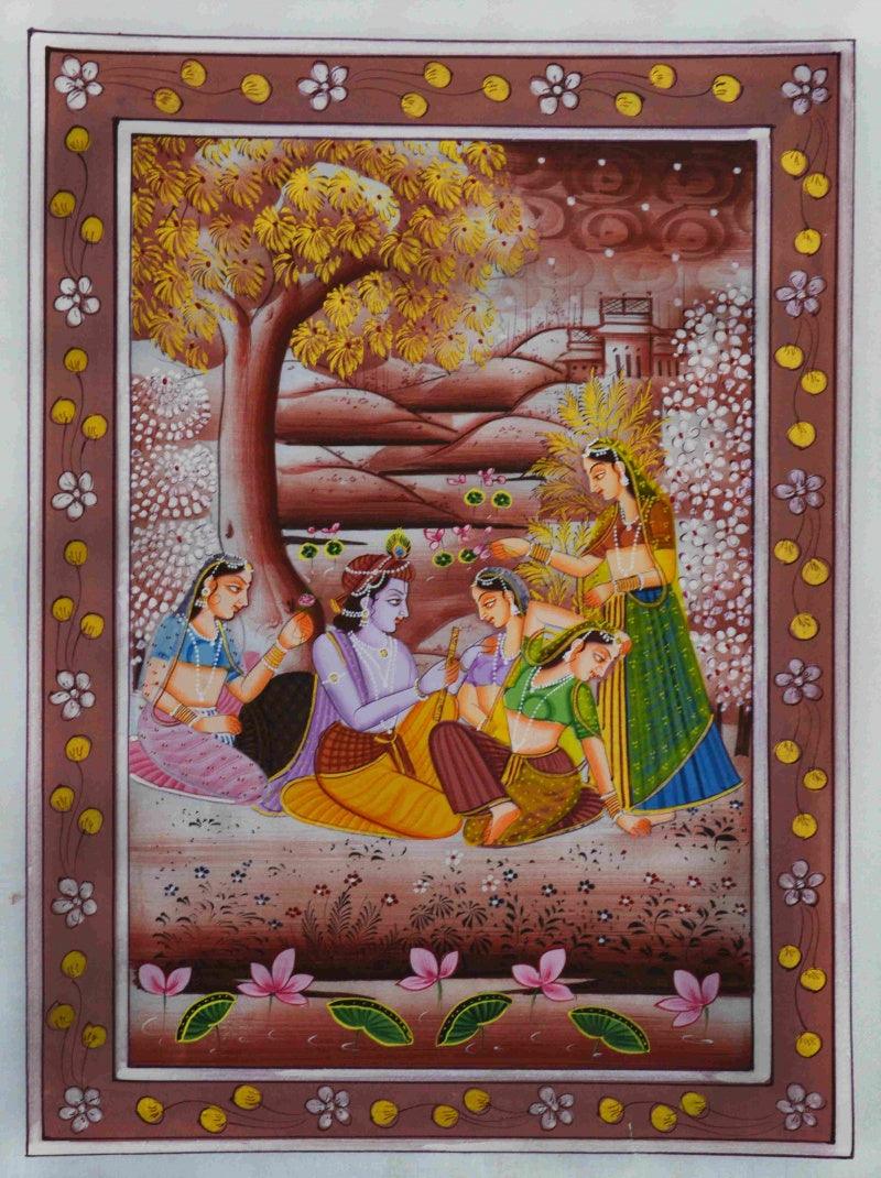 Religious miniature traditional art titled 'Krishna Teasing Gopis', 15x11 inches, by artist Unknown on Silk