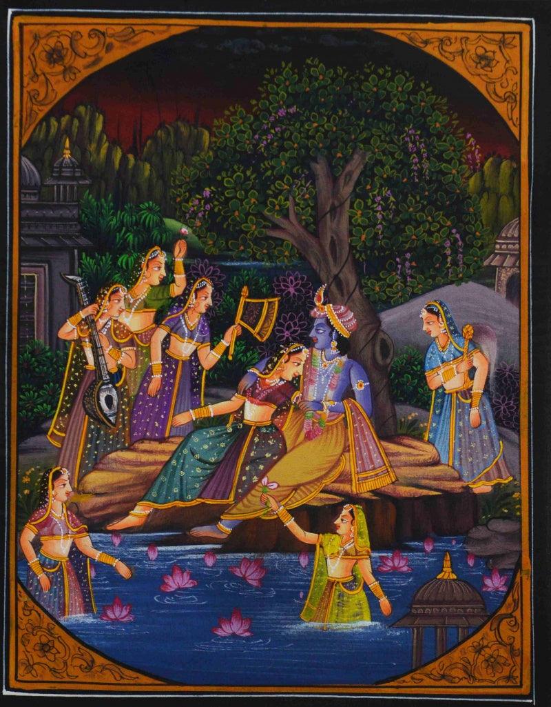 Religious miniature traditional art titled 'Krishna Teasing Radha', 12x9 inches, by artist Unknown on Silk