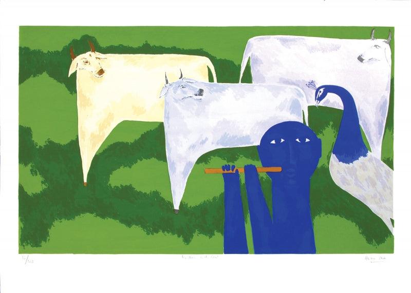 Religious serigraphs painting titled 'Krishna With Cow', 28x39 inches, by artist Haku Shah on Paper