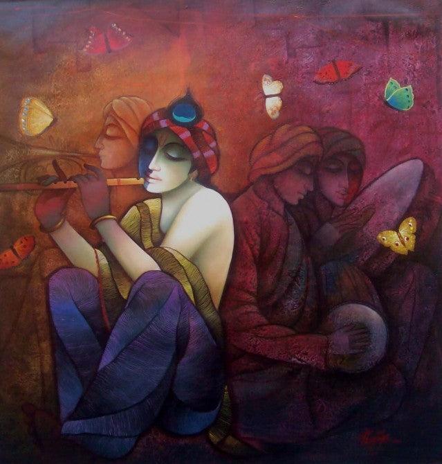 Figurative mixed media painting titled 'Krishna With Flute', 60x30 inches, by artist Ram Onkar on Canvas