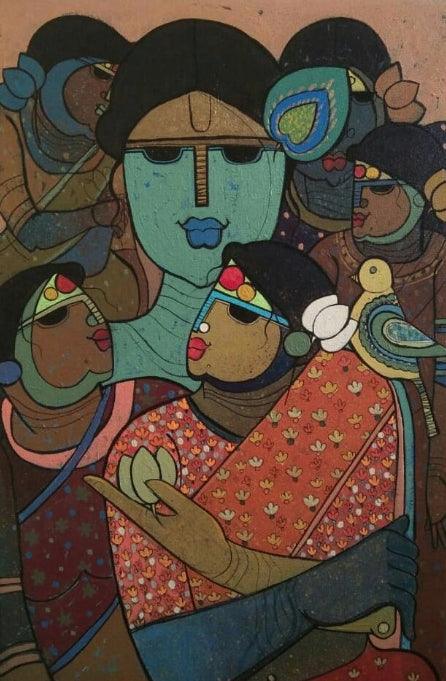 Religious acrylic painting titled 'Krishna With Gopika', 18x12 inches, by artist Priyanka Chivte on Canvas