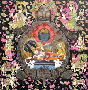 Religious acrylic painting titled 'Kurma', 48x48 inches, by artist Ashok Rathod on Canvas