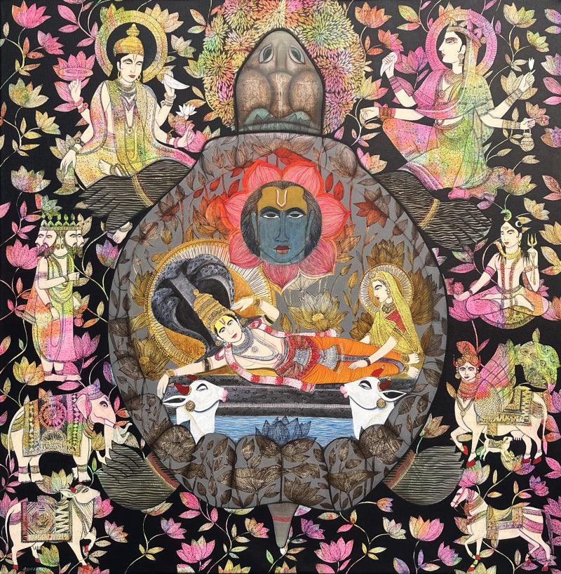 Religious acrylic painting titled 'Kurma', 48x48 inches, by artist Ashok Rathod on Canvas