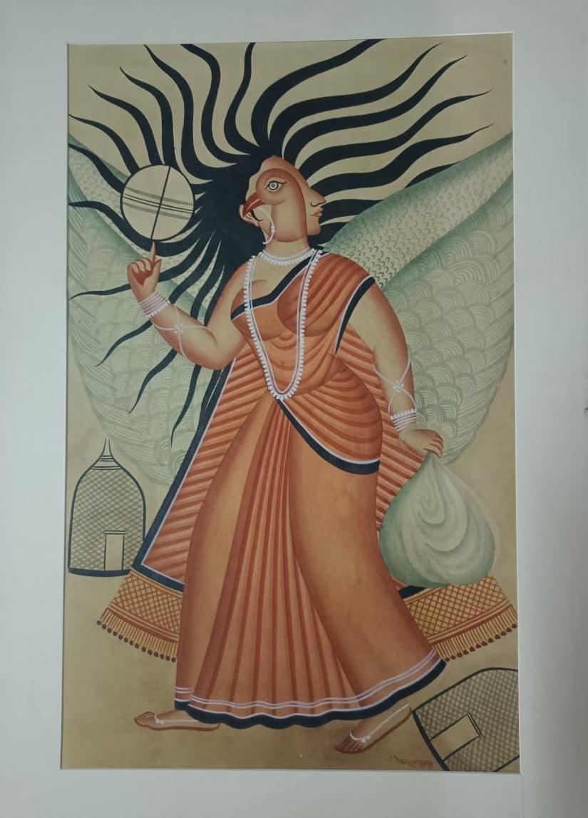 Figurative kalighat traditional art titled 'Lady 2', 20x14 inches, by artist Anwar Chitrakar on Paper