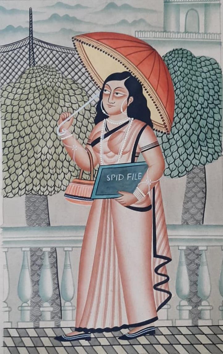 Figurative kalighat traditional art titled 'Lady', 20x14 inches, by artist Anwar Chitrakar on Paper