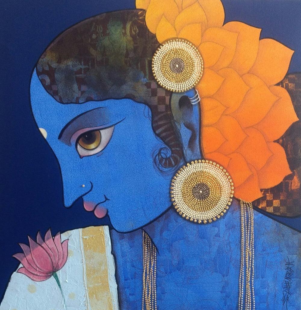 Figurative acrylic painting titled 'Lady', 24x24 inches, by artist Sachin Kharat on Canvas