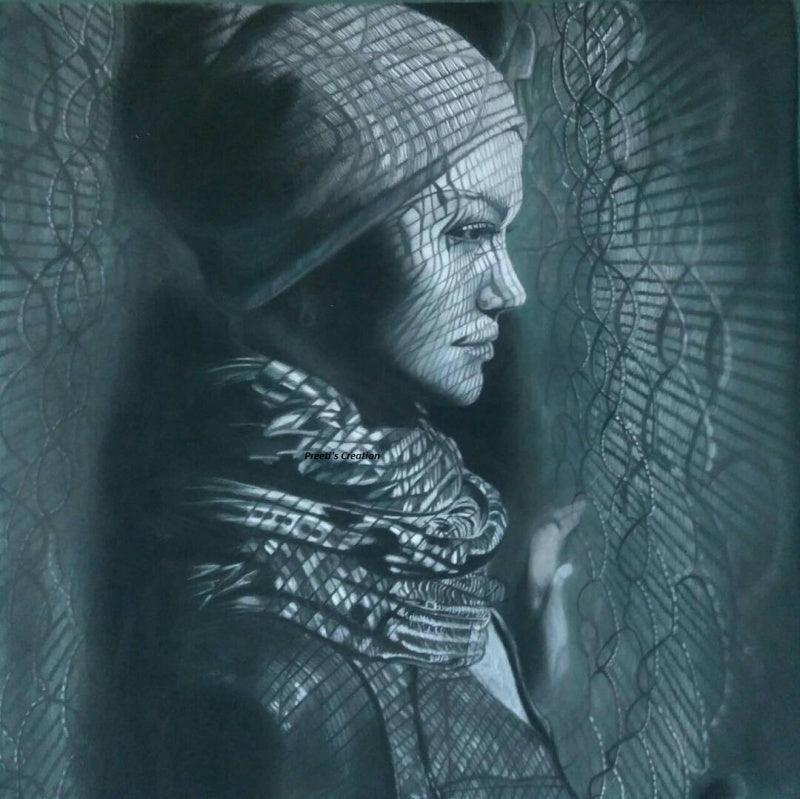 Expressionist charcoal painting titled 'Lady', 26x26 inches, by artist Preeti Ghule on Paper