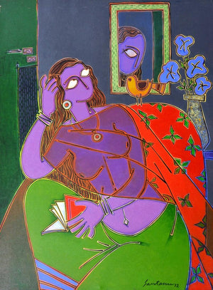 Figurative acrylic painting titled 'Lady On A Red Chair', 46x34 inches, by artist Santanu Nandan Dinda on Canvas