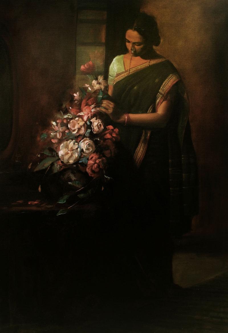 Figurative oil painting titled 'Lady With Flower', 48x36 inches, by artist Ramesh Nanware on Canvas