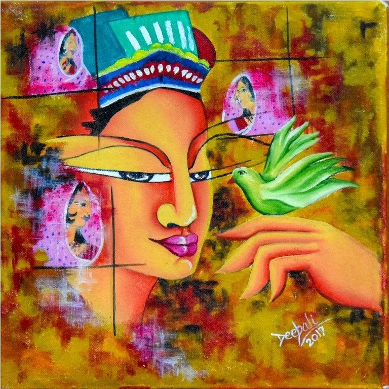 contemporary acrylic oil painting titled 'Lady with a Bird', 12x12 inches, by artist Deepali Mundra on Canvas
