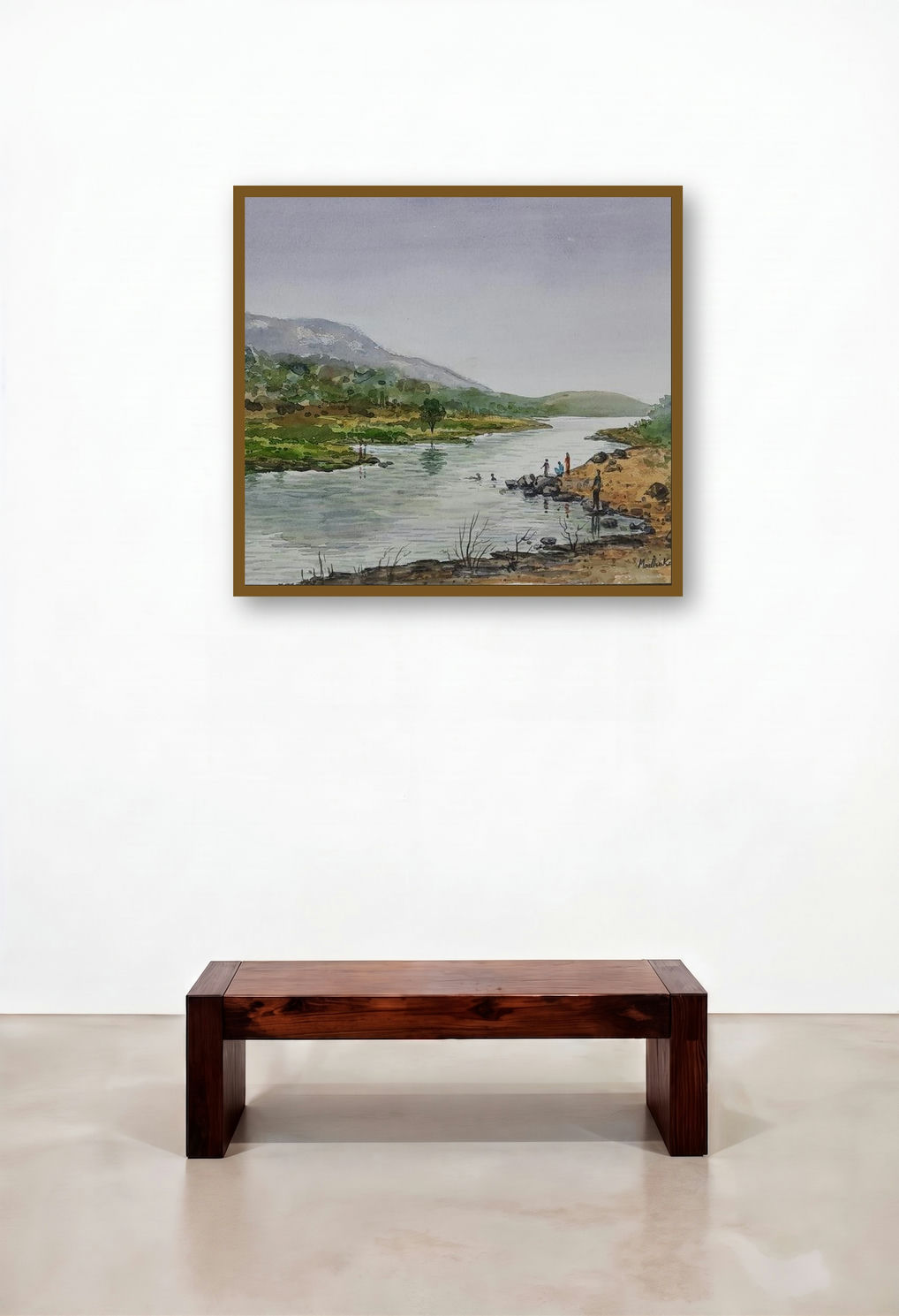 Lake (A Peaceful Riverbank) by artist Madhukar Mahajan displayed in a Designer Library