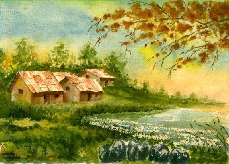Landscape watercolor painting titled 'Lake', 10x14 inches, by artist Ramessh Barpande on Paper