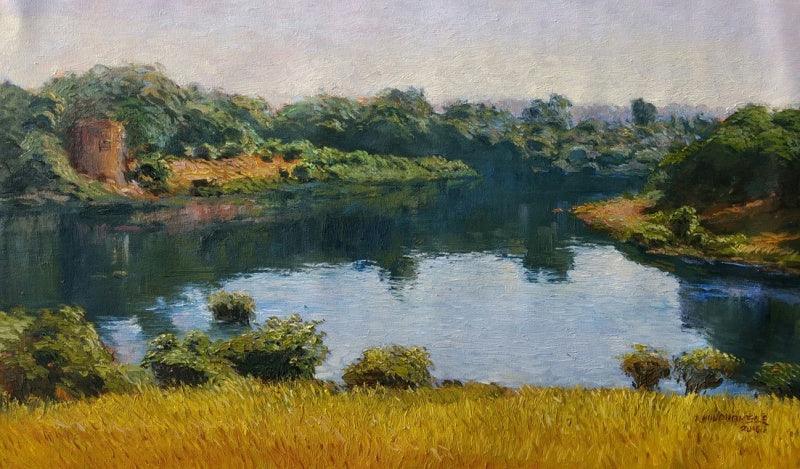 Landscape watercolor painting titled 'Lake', 24x30 inches, by artist Amol Dubhele on Paper