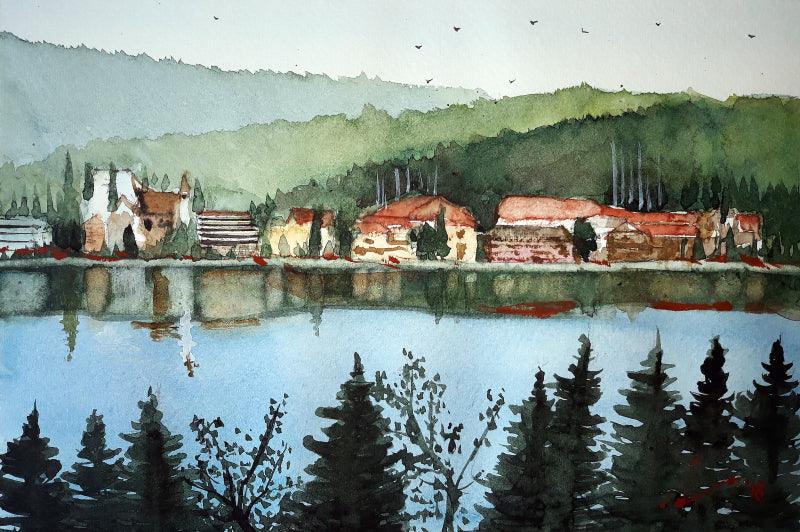 Cityscape watercolor painting titled 'Lake Titisee Germany', 8x11 inches, by artist Arunava Ray on Paper