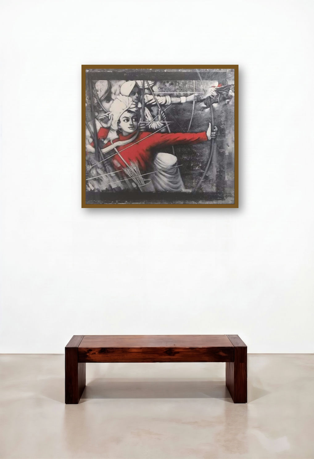 Laksha Series (The Archer's Focus) by artist Vijay Gille displayed in a Rustic Bedroom